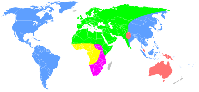 Distribution of the races after the Pleistocene according to Carleton S. Coon (1962)      Caucasoid      Congoid      Capoid      Mongoloid      Australoid