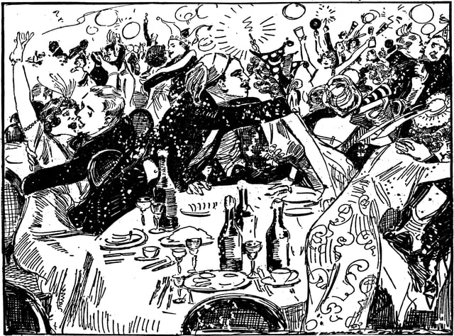 People kissing in this sketch by reporter and artist Marguerite Martyn of a New Year's Eve celebration in 1914