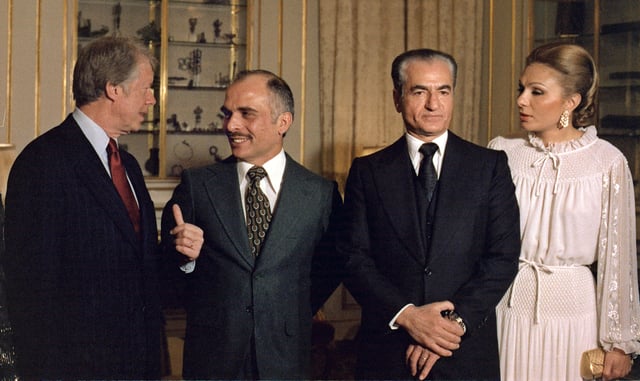 Mohammad Reza and Farah on their visit to the United States in 1977, with King Hussein and President Carter