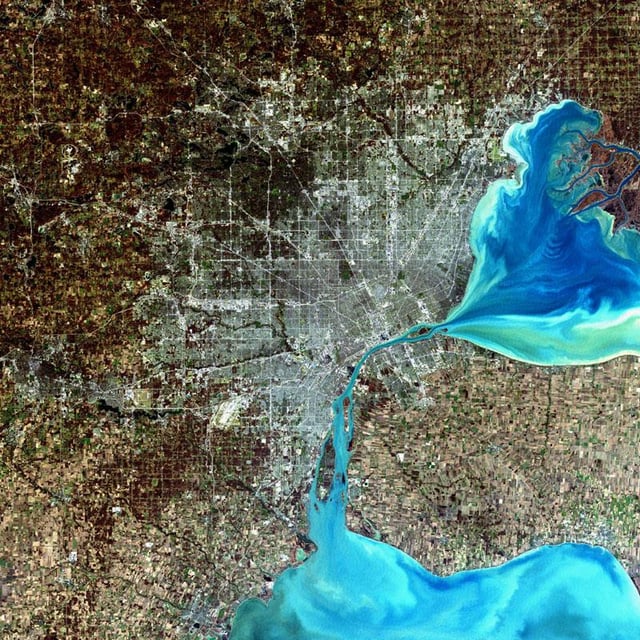 A simulated-color satellite image of the Detroit metro area, including Windsor across the river, taken on NASA's Landsat 7 satellite