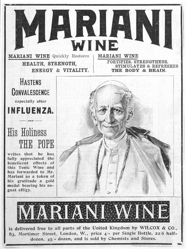 Pope Leo XIII purportedly carried a hip flask of the coca-treated Vin Mariani with him, and awarded a Vatican gold medal to Angelo Mariani.