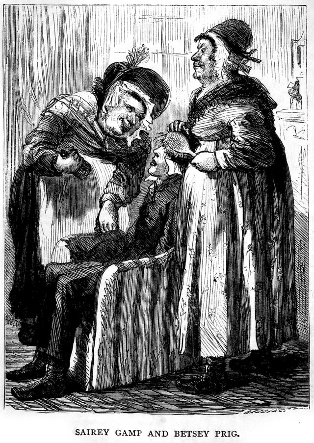 Nurse Sarah Gamp (left) from Martin Chuzzlewit became a stereotype of untrained and incompetent nurses of the early Victorian era, before the reforms of Florence Nightingale