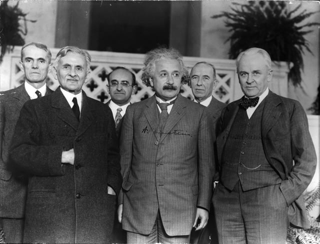 Three Nobel Laureates in Physics. Front row L-R: Albert A. Michelson (1907 prizewinner), Albert Einstein (1921 prizewinner) and Robert A. Millikan (1923 prizewinner).