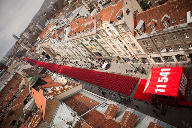 The Sarajevo Red Line, a memorial event of the Siege of Sarajevo's 20th anniversary. 11,541 empty chairs symbolized 11,541 victims of the war which were killed during the Siege of Sarajevo.