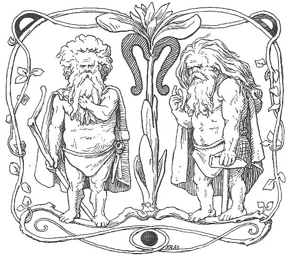 Two Norse dwarves as depicted in a 19th-century edition of the Poetic Edda poem Völuspá (1895) by Lorenz Frølich