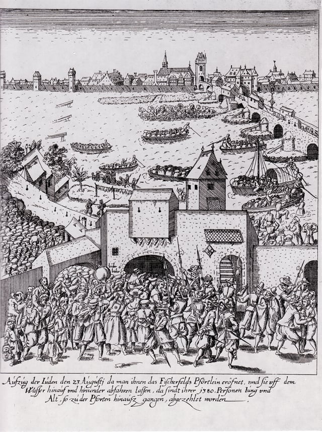 Etching of the expulsion of the Jews from Frankfurt in 1614. The text says: "1380 persons old and young were counted at the exit of the gate".