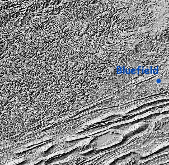 Shaded relief map of the Cumberland Plateau and Ridge-and-Valley Appalachians on the Virginia–West Virginia border