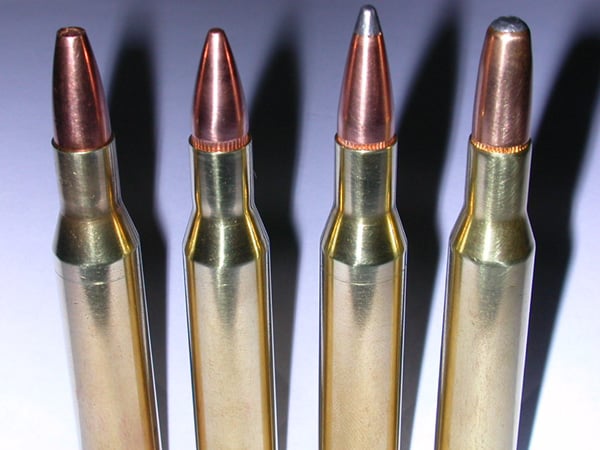 .270 ammunition. Left to right: 100-grain (6.5 g) – hollow point 115-grain (7.5 g) – FMJBT 130-grain (8.4 g) – soft point 150-grain (9.7 g) – round nose