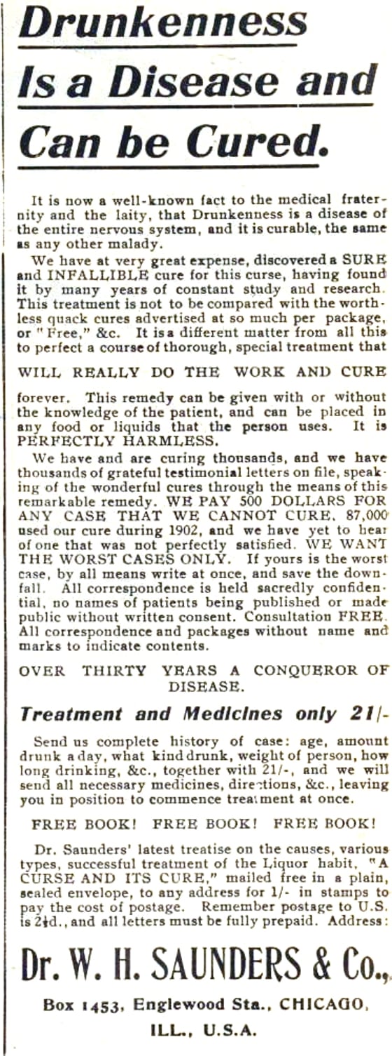 1904 advertisement describing alcoholism as a disease.