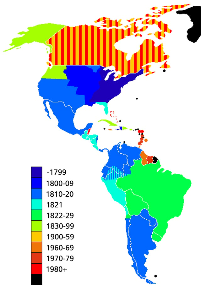 Map showing the dates of independence from European powers. Black signifies areas that are dependent territories or parts of countries with a capital outside the Americas.