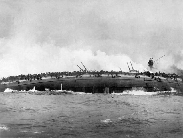 German cruiser SMS Blücher sinks in the Battle of Dogger Bank on 25 January 1915.