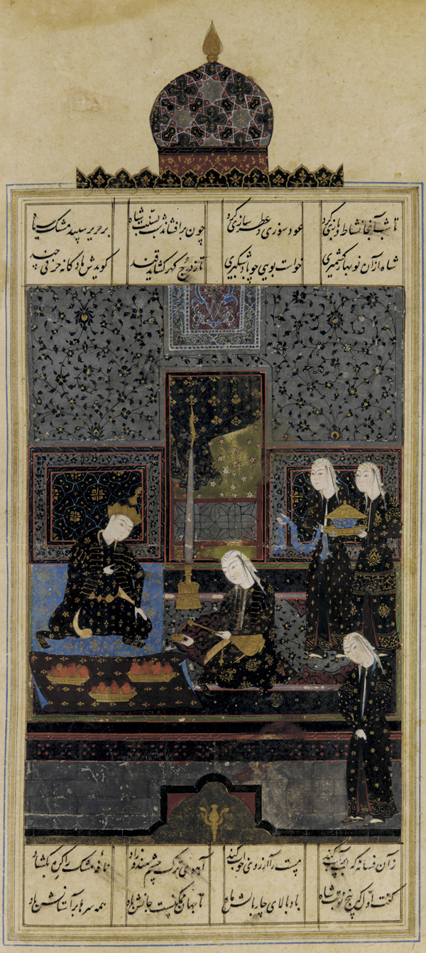 Bahram V is a great favourite in Persian literature and poetry. "Bahram and the Indian princess in the black pavilion." Depiction of a Khamsa (Quintet) by the great Persian poet Nizami, mid-16th-century Safavid era.