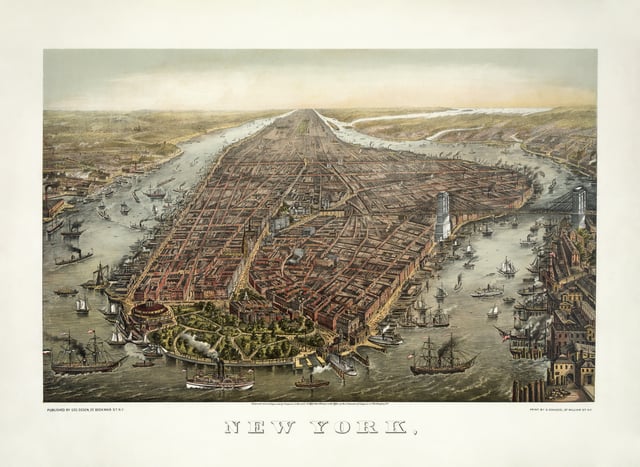 Manhattan in 1873. The Brooklyn Bridge was under construction from 1870 until 1883