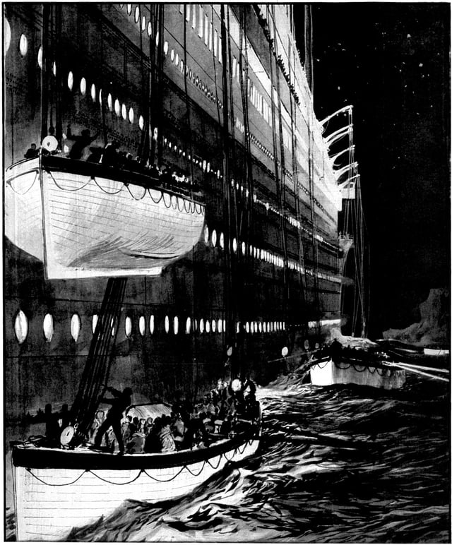 Lifeboat No. 15 was nearly lowered onto lifeboat No. 13 (depicted by Charles Dixon).