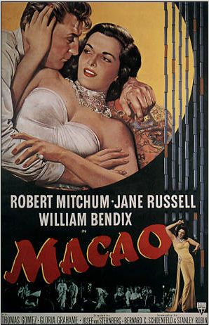 Robert Mitchum, RKO's most prolific lead of the late 1940s and early 1950s, costarred in Macao (1952) with Jane Russell, who was personally contracted to Howard Hughes. Director Josef von Sternberg's work was combined with scenes shot by Nicholas Ray and Mel Ferrer.