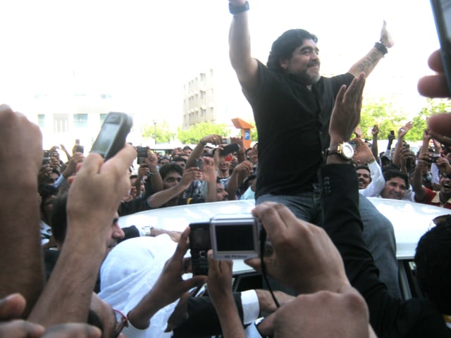 Maradona in Al Karama, United Arab Emirates in 2011 after being appointed manager of Dubai club Al Wasl FC
