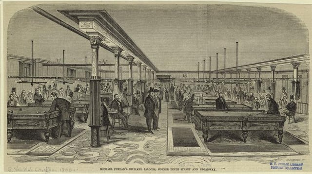 Historic print depicting Michael Phelan's billiard saloon in New York City, January 1, 1859.