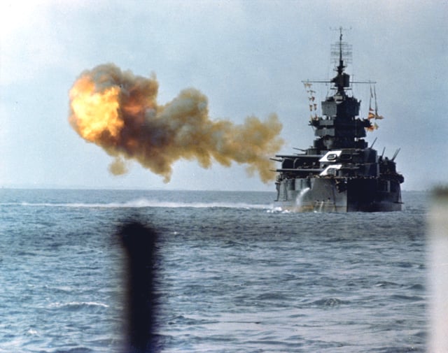 The battleship USS Idaho shells Okinawa on 1 April 1945