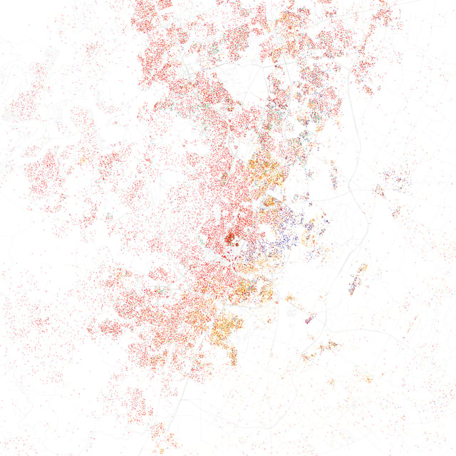 Map of racial distribution in Austin, 2010 U.S. Census. Each dot is 25 people: White, Black, Asian Hispanic, or Other (yellow)