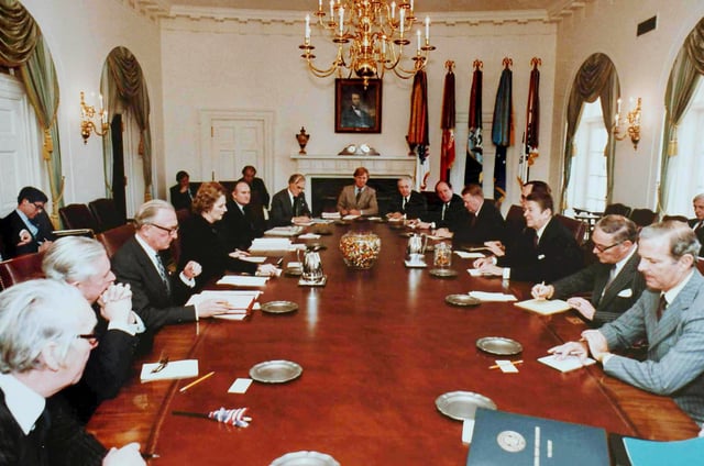 Thatcher and her cabinet meeting with the Reagan cabinet in the White House Cabinet Room, 1981