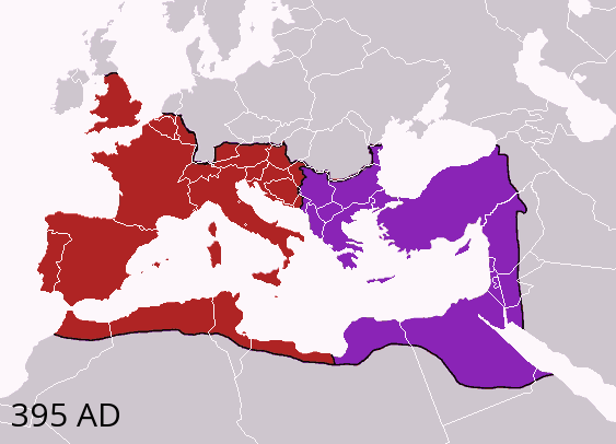 The division of the Empire after the death of Theodosius I, c. 395 AD, superimposed on modern borders  Western Court under Honorius   Eastern Court under Arcadius