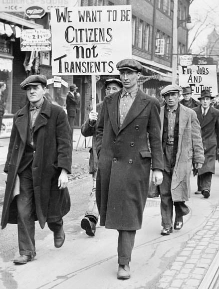 Unemployed men march in Toronto, Ontario, Canada.
