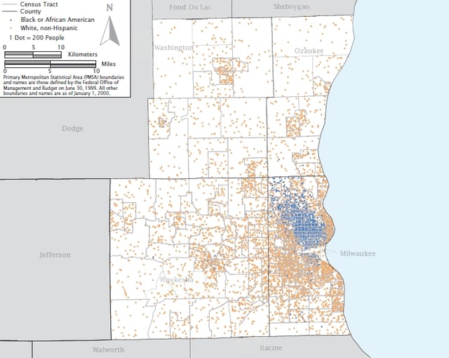 Residential segregation in Milwaukee, the most segregated city in America according to the 2000 US Census. The cluster of blue dots represent black residents.