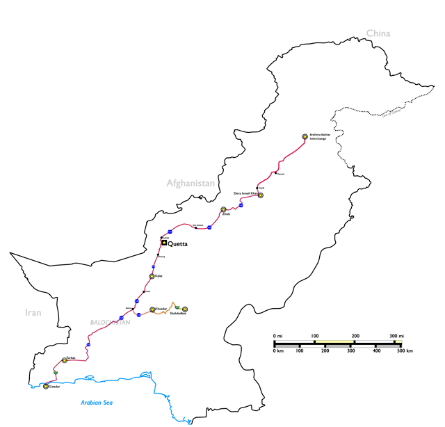 The Western Alignment of CPEC is depicted by the red line. The 1,153-kilometer route will link the Brahma Bahtar Interchange of the M1 Motorway with the city of Gwadar in Balochistan province. The portion depicted by the orange line between Basima and Shahdadkot is sometimes regarded as part of the Western Alignment.