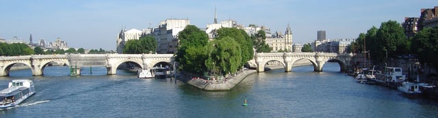 The Seine becomes a single channel at the west end of the Île de la Cité in Paris. The Pont Neuf can be seen.