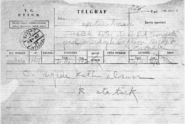 Telegram sent by Atatürk after the local legislative assembly accepted his proposal for the Hatay State's flag