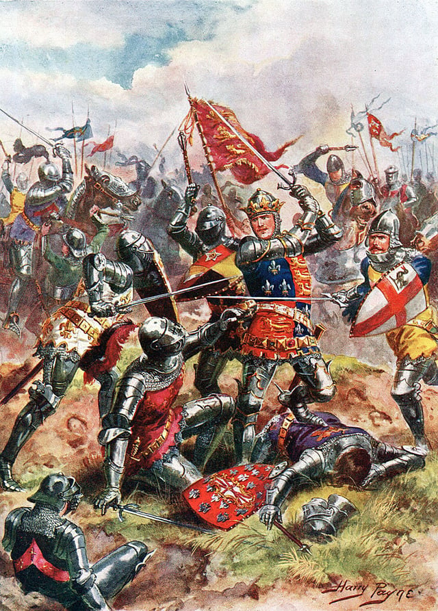 King Henry V at the Battle of Agincourt, fought on Saint Crispin's Day and concluded with an English victory against a larger French army in the Hundred Years' War