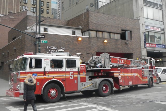 A tiller or tractor-drawn aerial ladder is another type of Ladder Truck operated by the FDNY. Pictured is a tiller ladder truck operated by Ladder Co. 5, quartered in Manhattan.