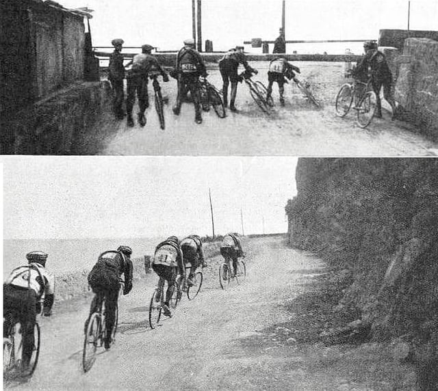 Footage from the 1914 Milan–San Remo. Top: riders crossing a closed railway passage. Bottom: lead group reaches the Ligurian Sea in Voltri.