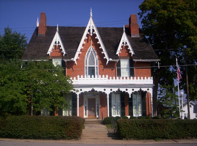 Oak Hill Cottage, Mansfield, Ohio: Carpenter Gothic trim on a brick house in the manner of A.J. Davis's Rural Residences