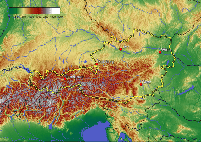 A topographic map of Austria showing cities with over 100,000 inhabitants