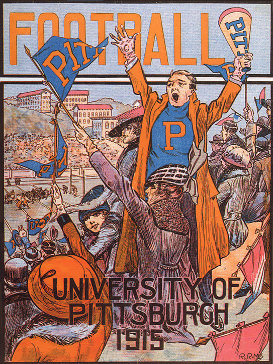 Cheering on the Pitt football team has traditionally been one of the most celebrated activities at the university, as depicted in this cover art from a 1915 game program.