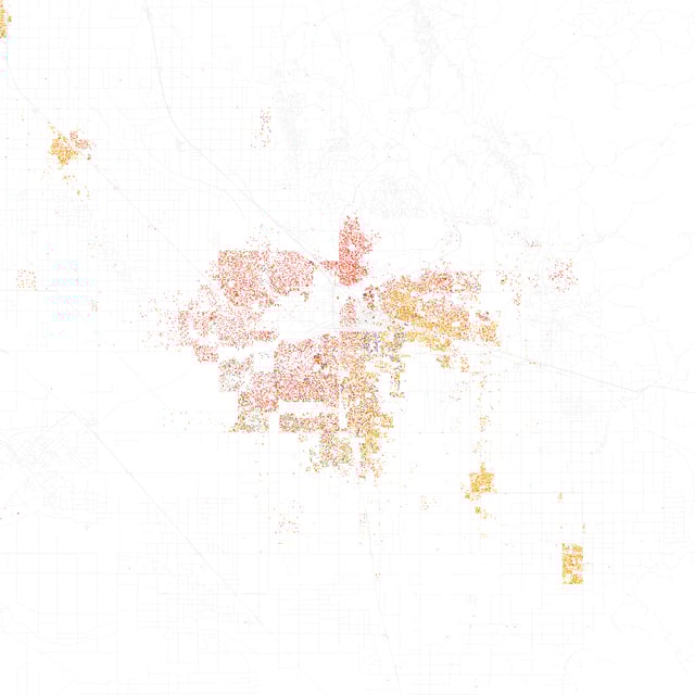Map of racial distribution in Bakersfield, 2010 U.S. Census. Each dot is 25 people: White, Black, Asian, Hispanic or Other (yellow)