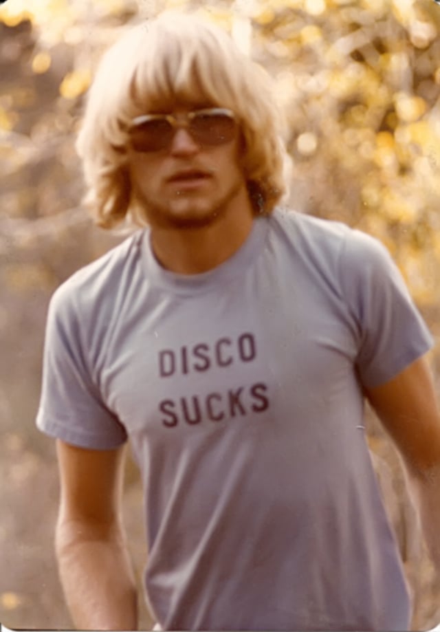 Man wearing a Disco Sucks T-shirt.