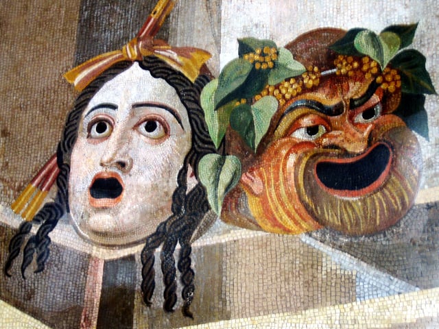 Theatrical masks of Tragedy and Comedy in refined mosaic, from the villa (Capitoline Museum, Rome)