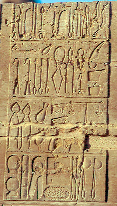 Ancient Egyptian medical instruments depicted in a Ptolemaic period inscription on the temple at Kom Ombo