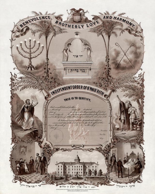 Independent Order of B'nai B'rith membership certificate (1876), the predecessor organization to B'nai B'rith International.