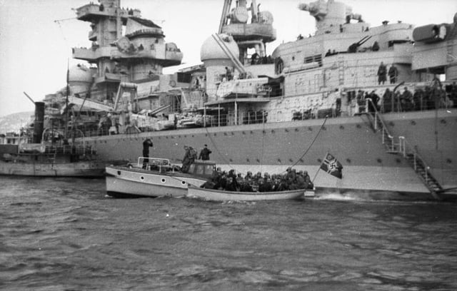 The heavy cruiser Admiral Hipper landing troops in Norway in 1940.