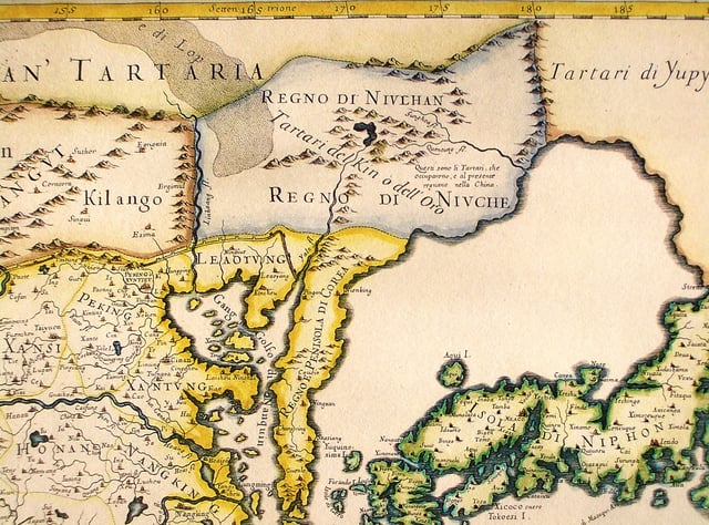 An Italian map showing the "Kingdom of the Nüzhen" or the "Jin Tartars", who "have occupied and are at present ruling China", north of Liaodong and Korea, published in 1682. Manchuria is the homeland of the Manchus, the designation introduced in 1635 for the Jurchen