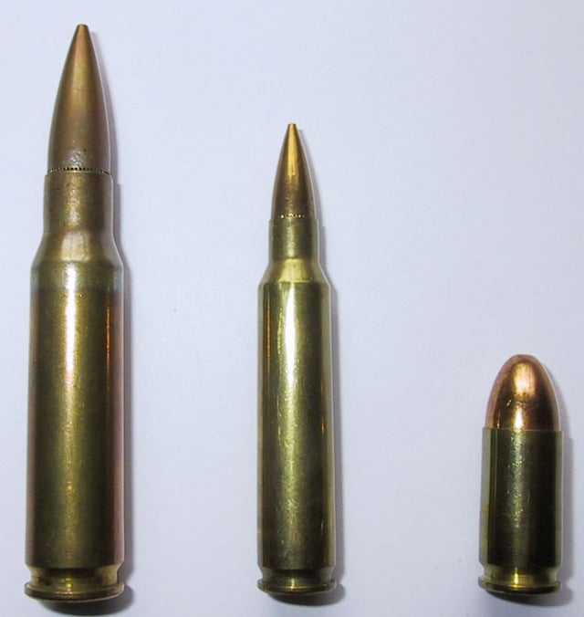 Comparison of 7.62mm NATO, 5.56mm NATO and 9mm NATO.