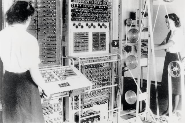 Colossus, the first electronic digital programmable computing device, was used to break German ciphers during World War II.