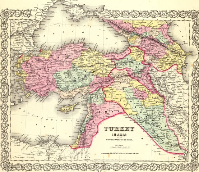 1855 Atlas Map of Turkey and the North Caucasus. Map of the American cartographer J.H.Colton. Top right corner, Chechnya is labeled as Gelia, with Chechen cities: Grosnaja (Grozny), Basdet and Leshistan cities: Andi, Metiro.