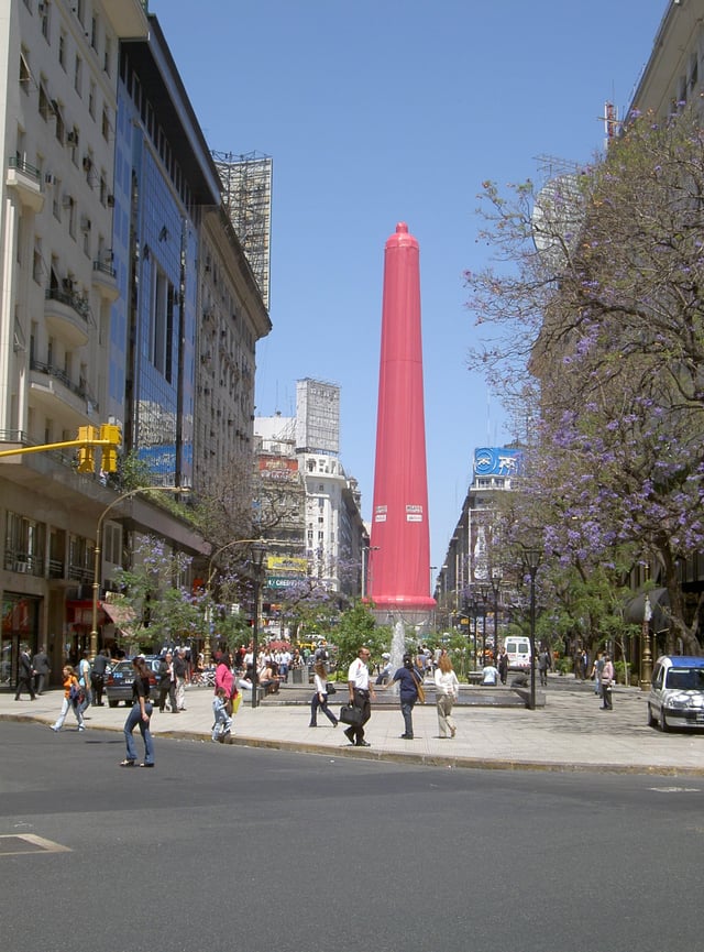 A giant replica of a condom on the Obelisk of Buenos Aires, Argentina, part of an awareness campaign for the 2005 World AIDS Day