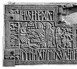 The right half of the front panel of the seventh century Franks Casket, depicting the pan-Germanic legend of Weyland Smith also Weyland The Smith, which was apparently also a part of Anglo-Saxon pagan mythology.