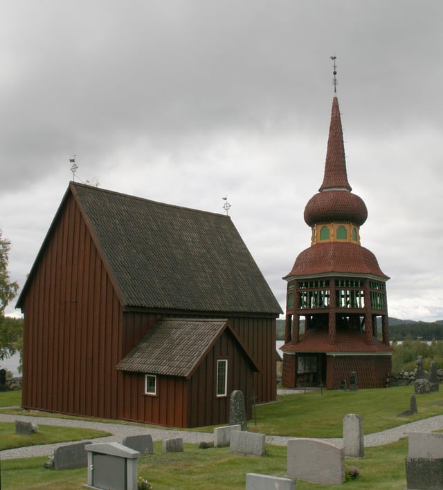 The old church in Håsjö. The churches were almost always placed centrally where everybody could gaze upon them. A copy of this bell tower, typical for Jämtland, is located at Skansen in Stockholm.