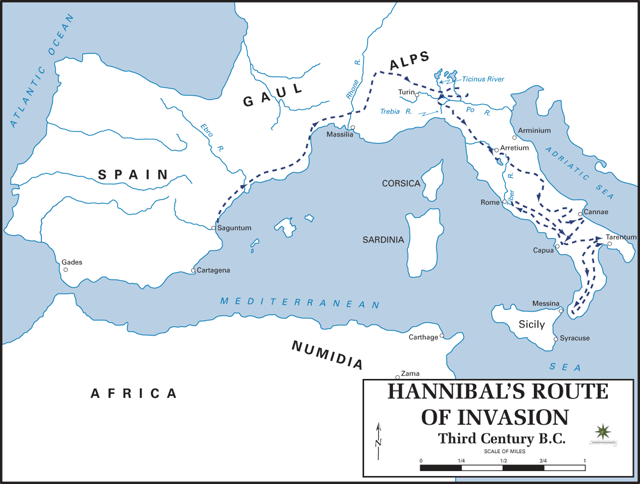 Hannibal´s route of invasion given by the Department of History, United States Military Academy. There is a mistake in the scale.